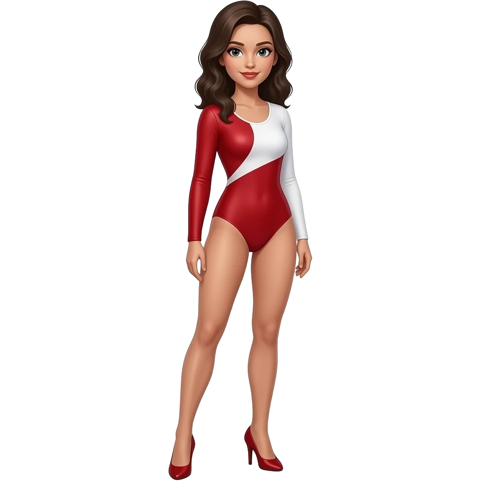 Woman in long sleeve red and white leotard wearing high heels and standing emoji