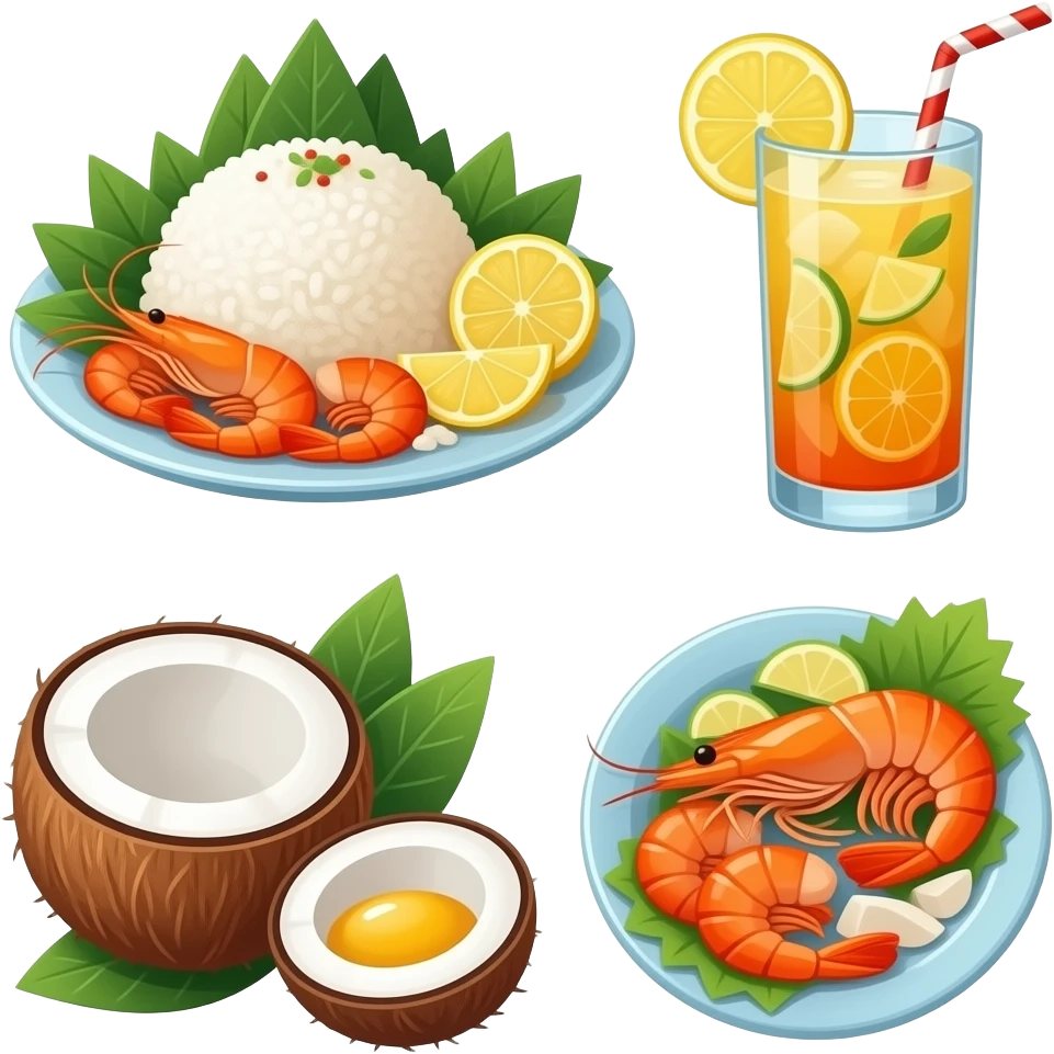 seafood, coconut rice and cocktails emoji