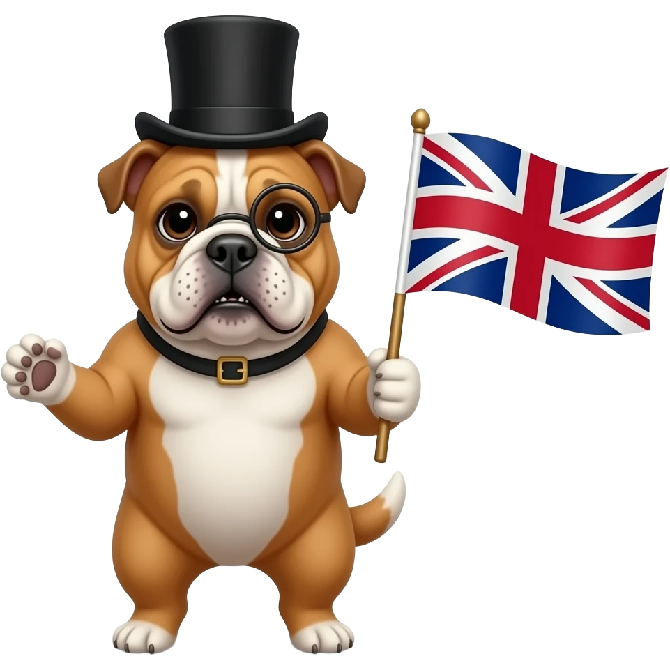 British bulldog wearing a top hat and monocle holding a British flag and stand like a human no cursed generation emoji