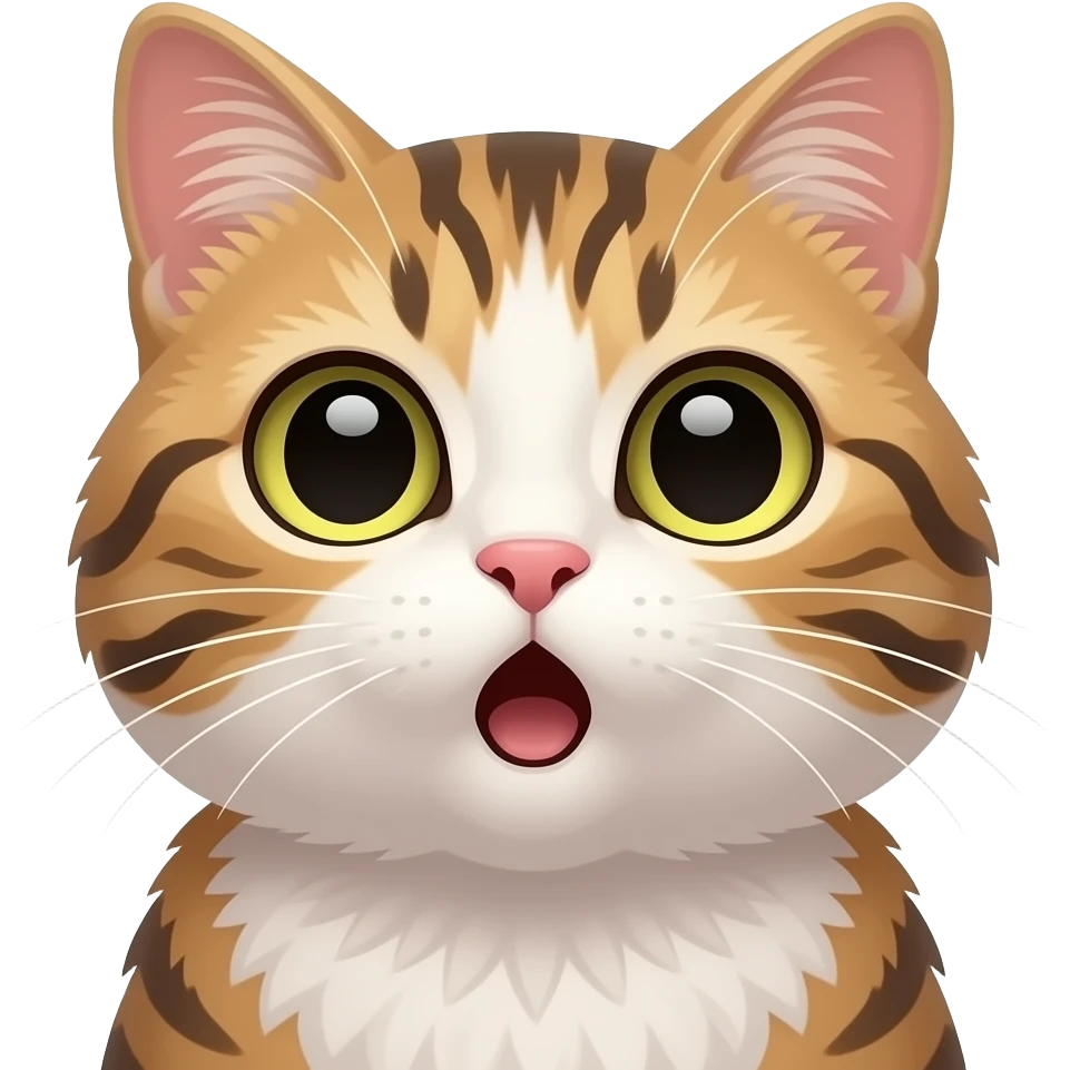 Surprised cat emoji, wide open eyes, small open mouth, raised ears, soft fluffy face, glossy 3D cartoon emoji style emoji