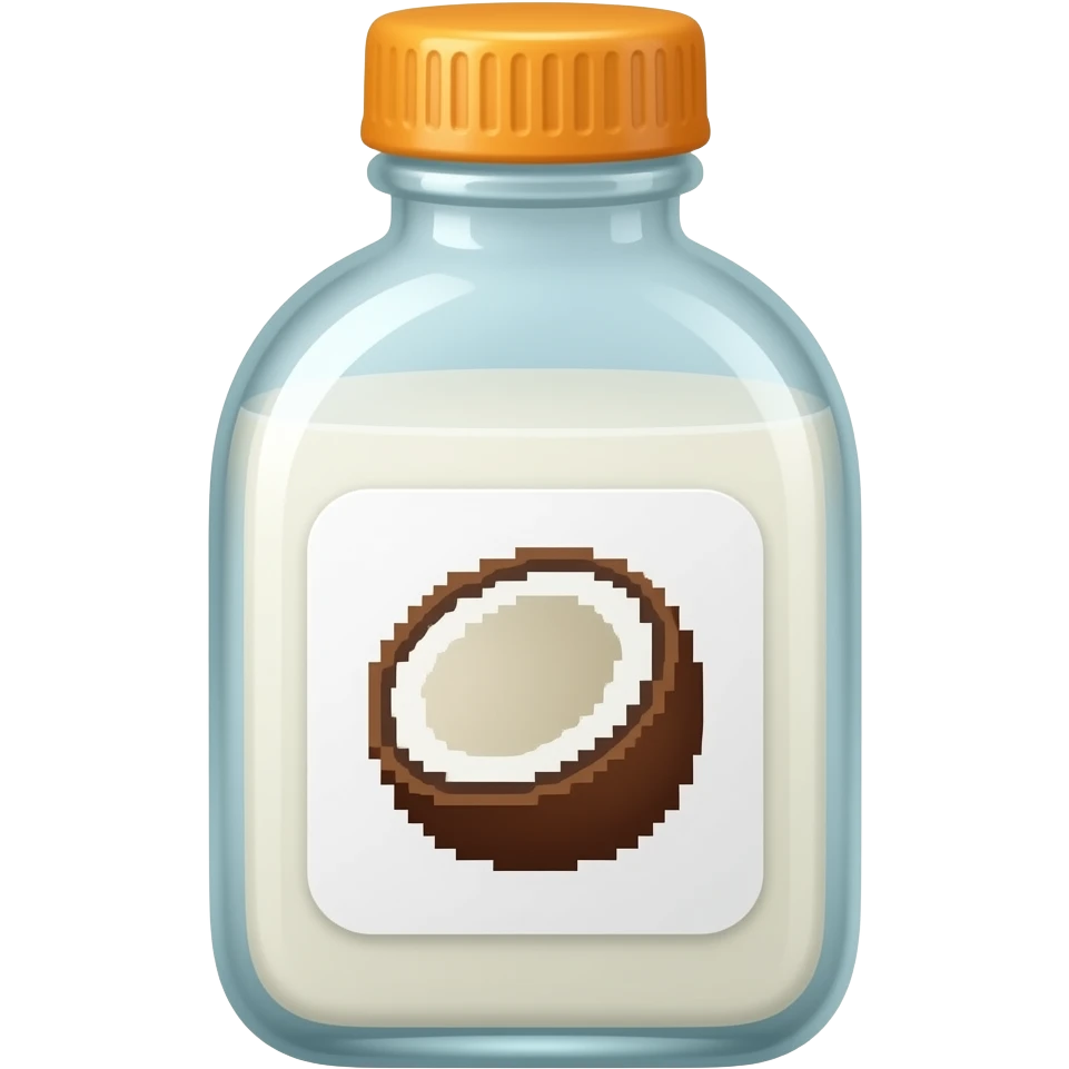 ثشیر نارگیل در بطری شیشه ای مربعی شکل با در نارنجی و برچسب سفید با عکس نارگیل پیکسلی emoji