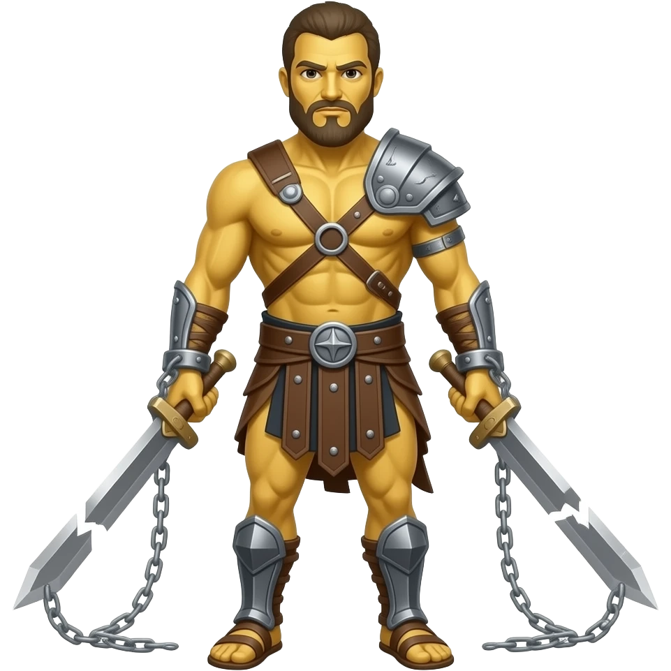 spartacus, minimal, full body, yellow skin, emoji style, more emojis style, more minimal, with weapons, more simplistic, emoji style, shackles on wrist with broken chains, beard emoji