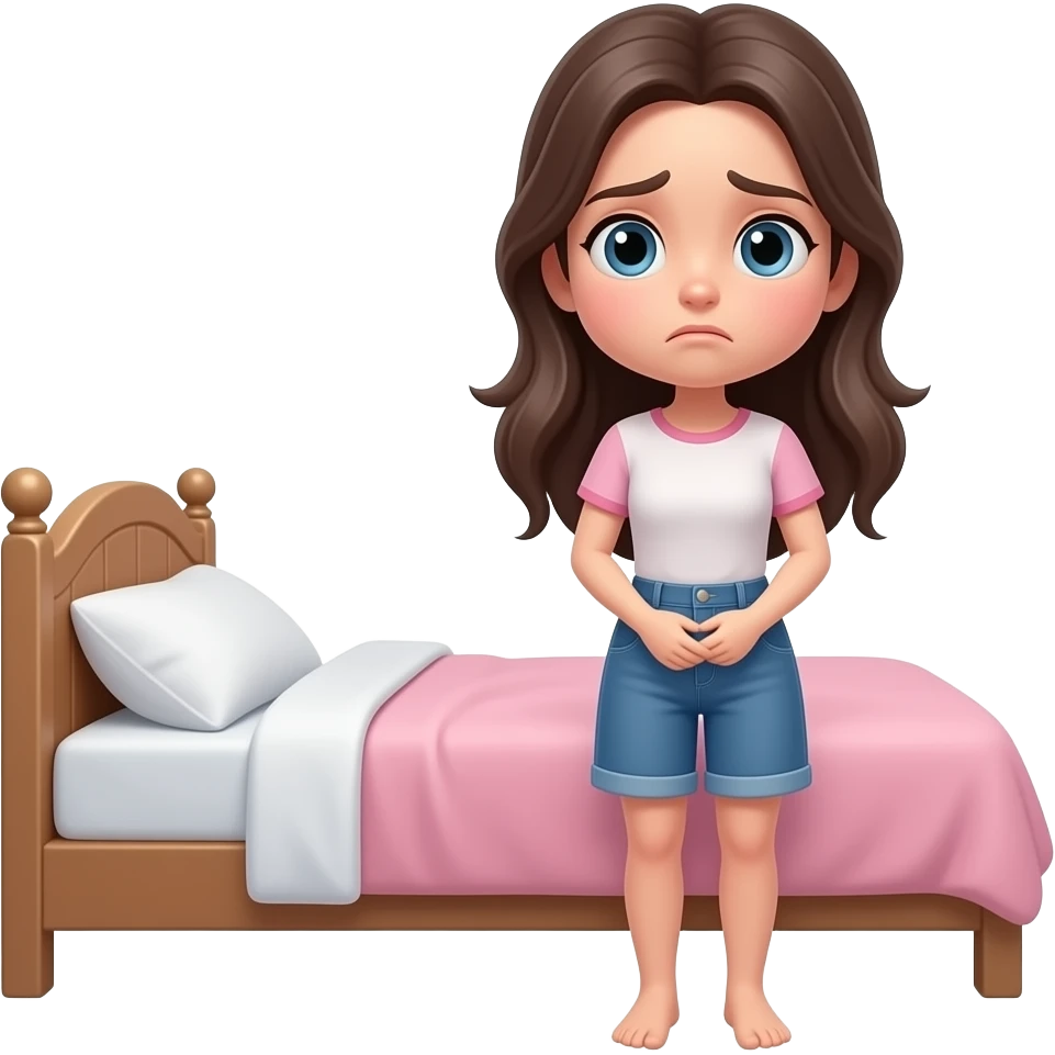 teen girl long hair standing next to bed worried emoji
