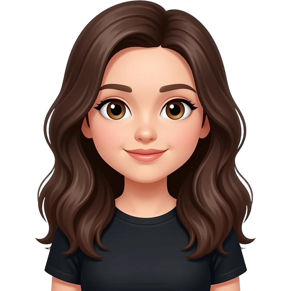 ㄹㄹbright brown eyes, long dark brown hair with layers, black T-shirt emoji