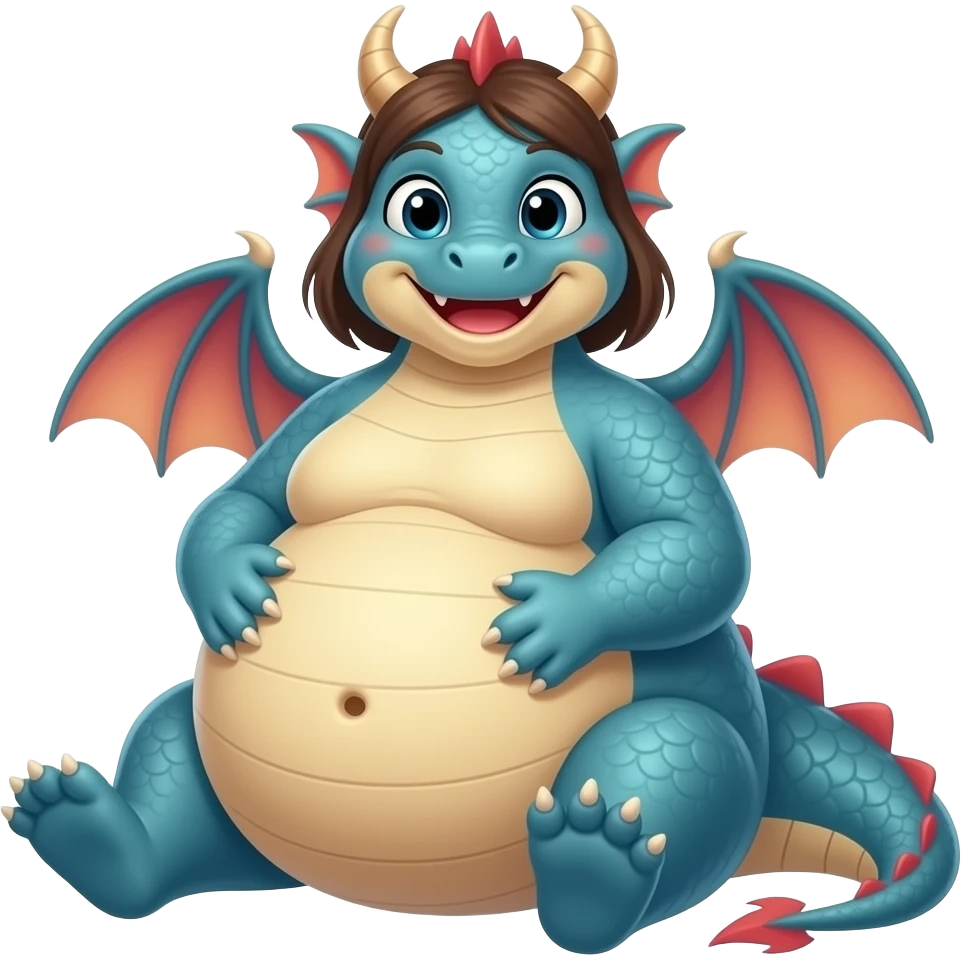 A lounging girl dragon,so fat & full that her heavy big round tummy looks pregnant,she is so bloated,how about a gentle tickle rub on her sensitive bellybutton to make her proudly giggle,what a fatty. emoji