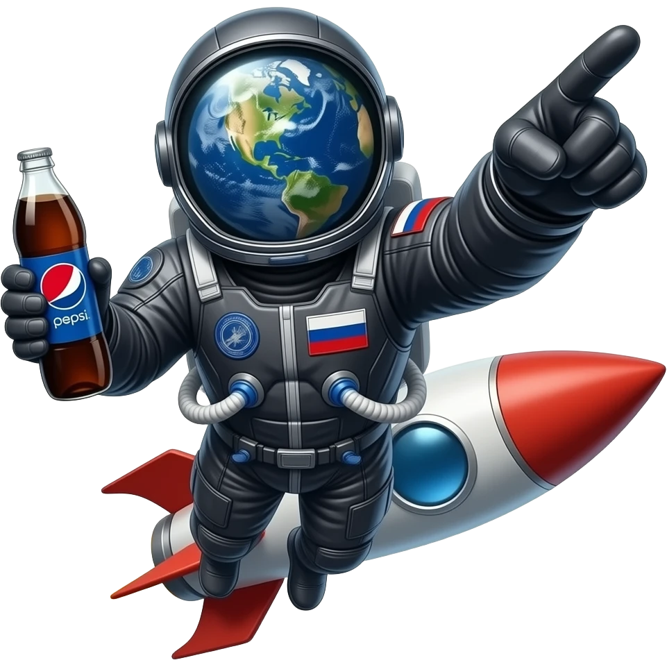Космонавт в темном зеркальном скафандре летит на ракете на землю из космоса на ракете надпись Voroba мГм вокруг заезды в руке банка pepsi другой рукой показывает пальцем вперед намкостюме флаг России в скофандре видна земля а сзади планета юпитер emoji
