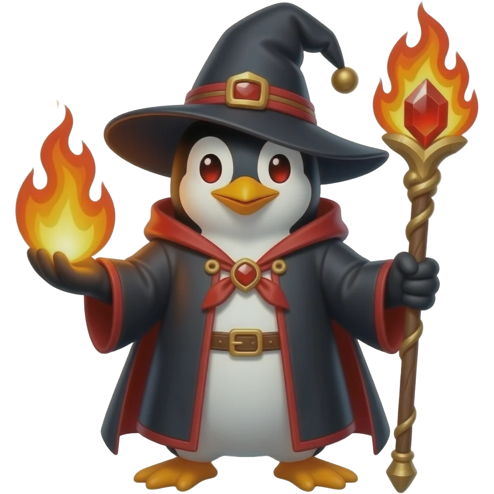 penguin fire wizard, fire elements red eyes, staff with firey red gem, black and red outfit emoji