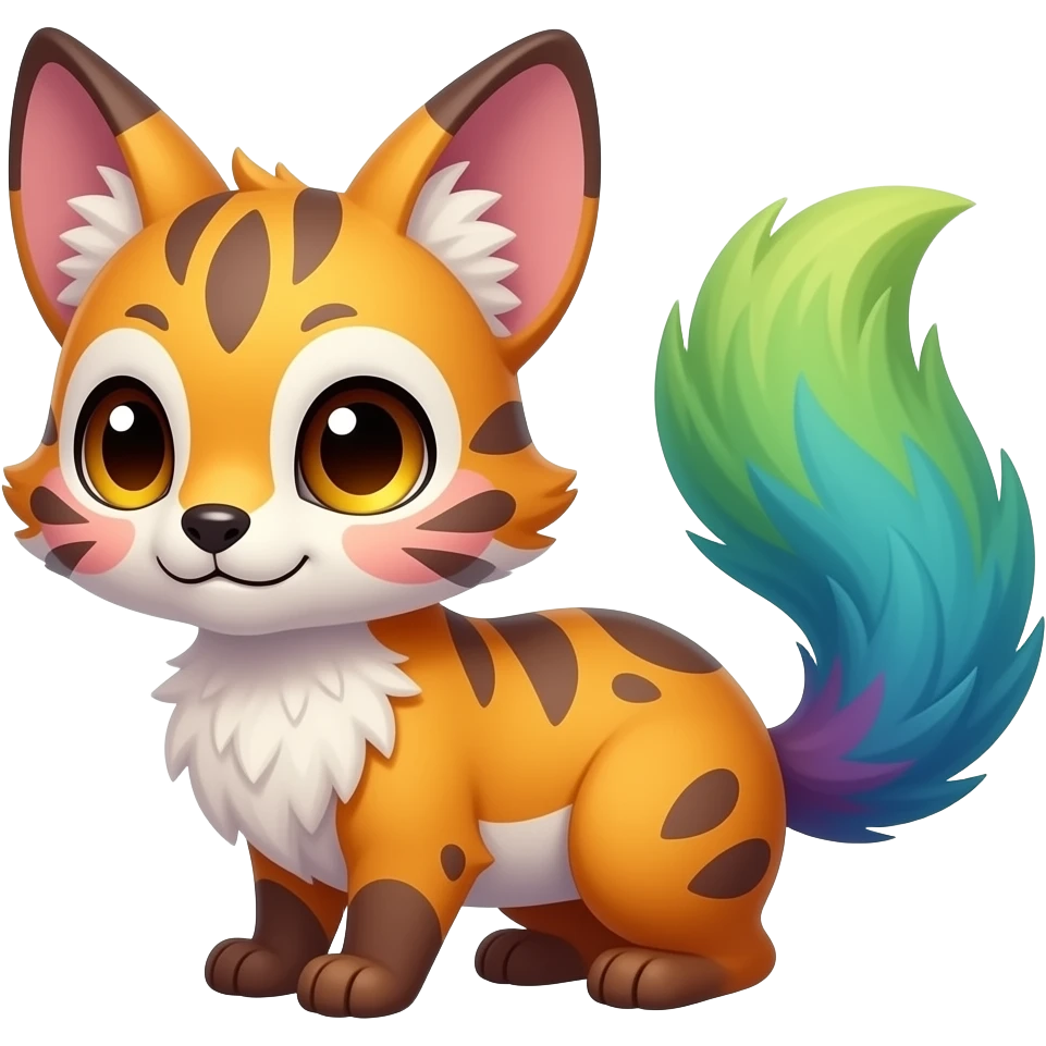 Feral Rare Fantasy vibrant colorful tropical cute, kawaii, cool, ed Vernid-Trico-species by LiLaiRa, random markings, tufted tail, tufted ears, full body, cheek markings emoji