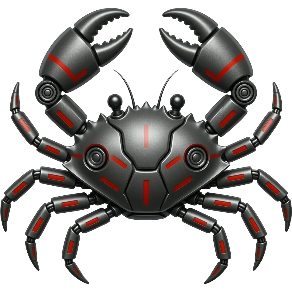 full body Mechanical  crab made of dark grey metal with black and red markings. emoji