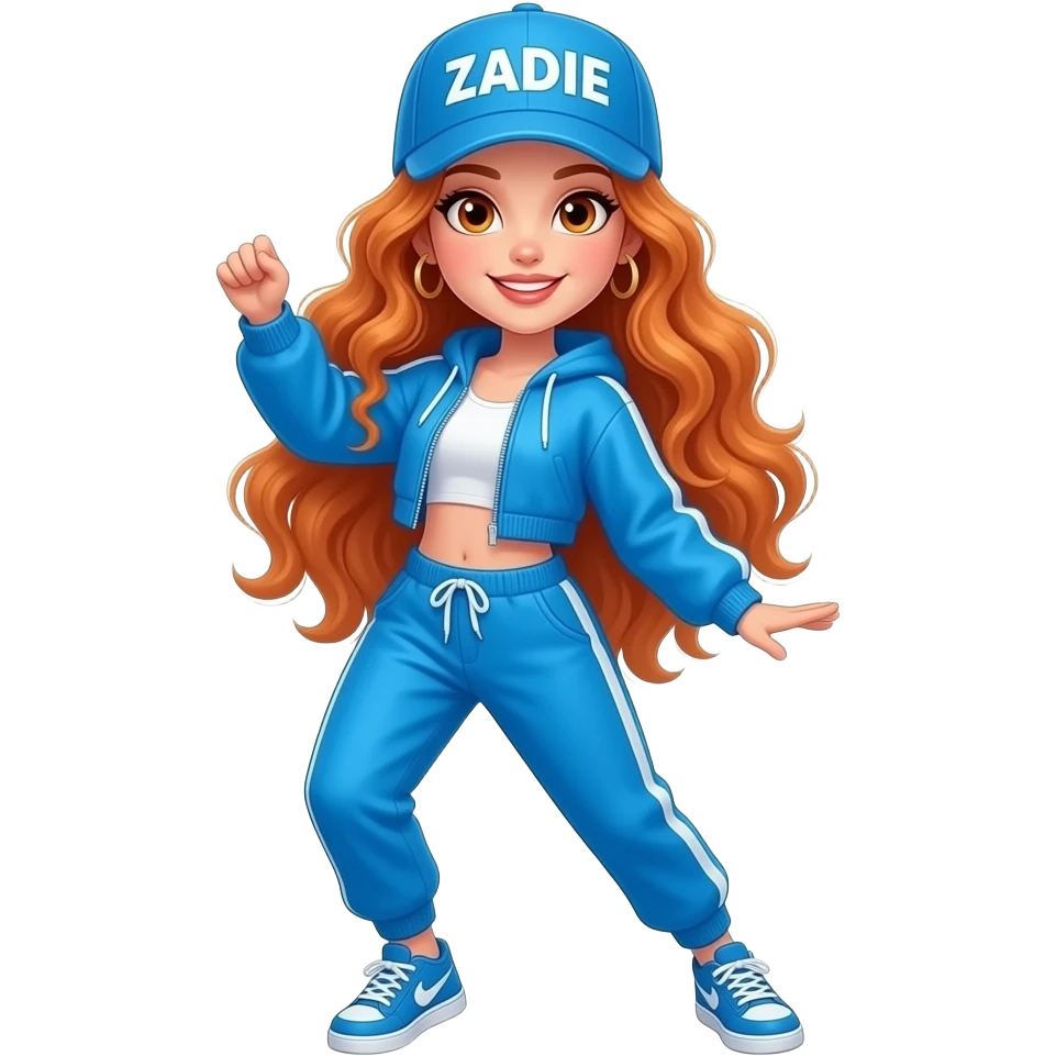sexy girl with long wavy ginger hair and ginger eyes is wearing a blue hip hop outfit and a cap with ZADIE written on it, is dancing, the full body is to seen emoji