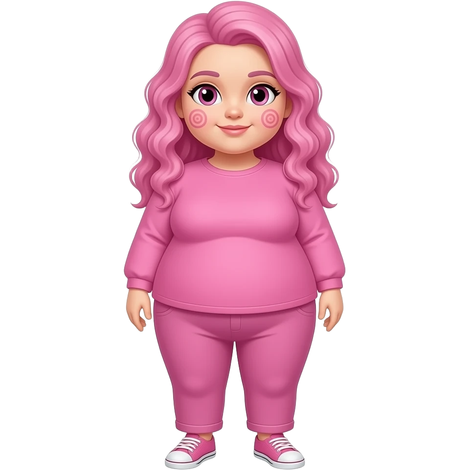 White fat girl pink swirly long hair pink swirl cheeks pink plain long sleeve shirt pink plain pants pink shoes emoji