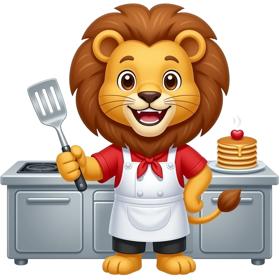 Cute lion in red chef uniform holding spatula, cartoon animal character ...