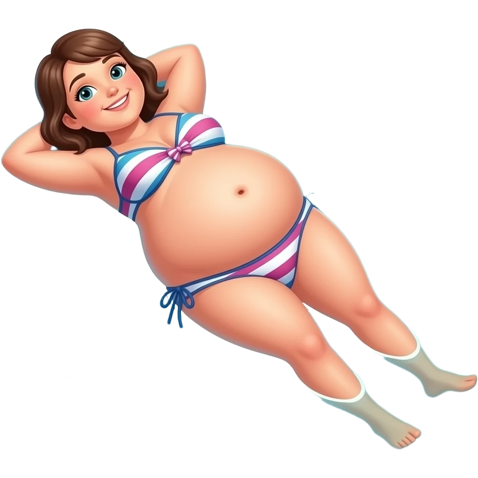 A girl enjoys beach holiday in her swimmers,but she is so full from a lunch break that she is about to burst,Then her fat Tummy rolls & drops out,she will just lay on her back in the shallow cool water,her gluttonous belly promotes a good resort business. emoji