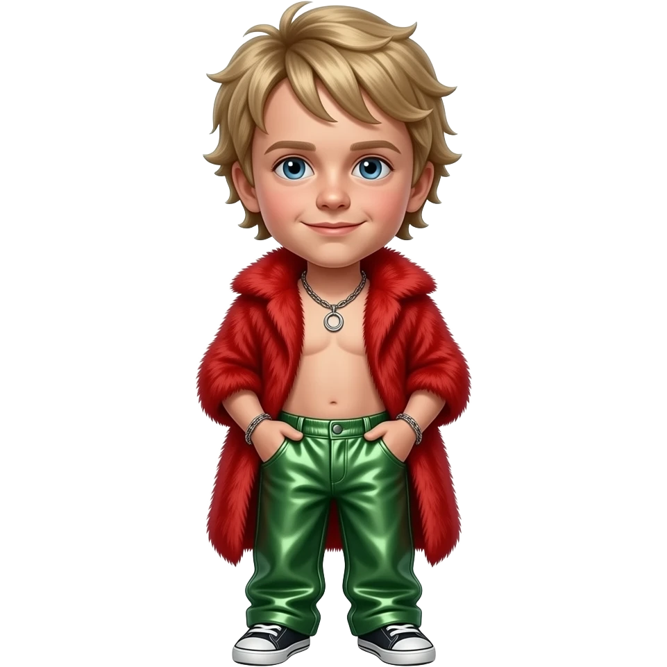 Macaulay Culkin with blue eyes, dirty blonde hair, red fur shawl, green metallic baggy pants, shirtless with necklace emoji