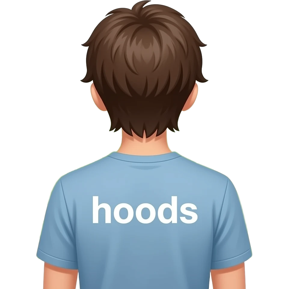 Jeune homme devant pleins de chemins. Il est de dos avec écris « hoods » dans son dos. Il a les cheveux mi longs emoji