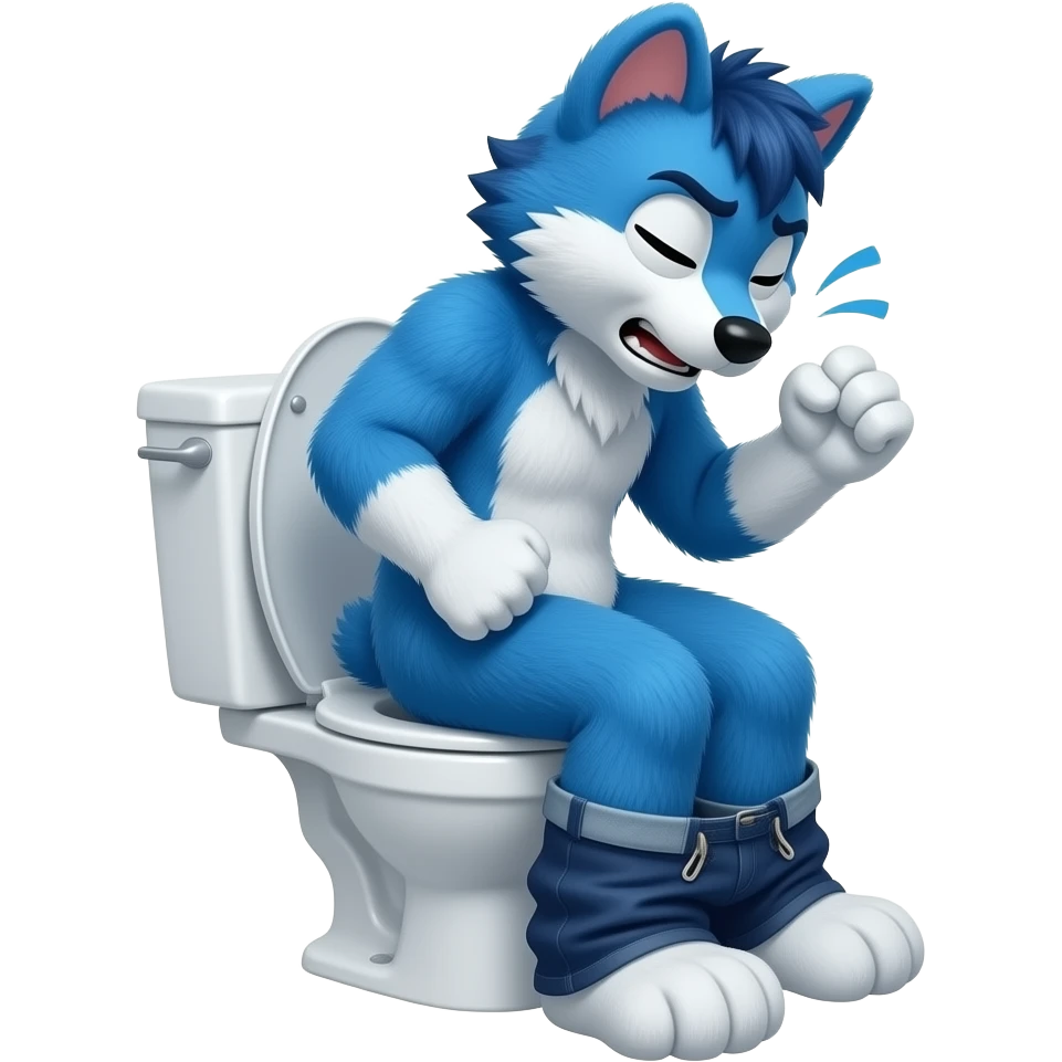 blue furry fursuit sitting on toilet, side view, pants down, straining face, eyes closed, pushing, squeezing,  both fists emoji