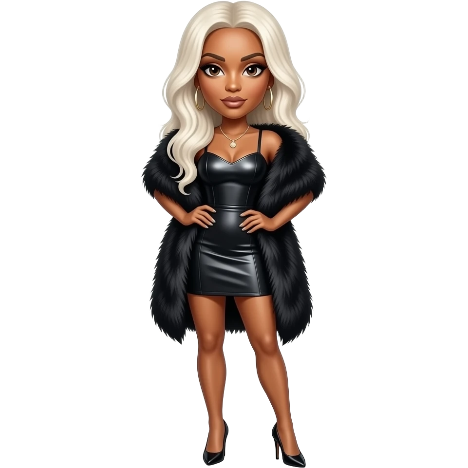 K. Michelle with dark brown eyes, long white blonde hair, black fur shawl, black metallic dress, black high heels emoji