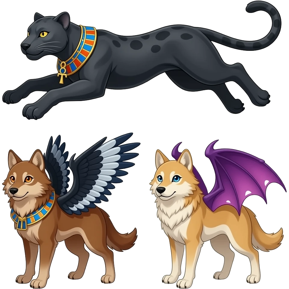 an egyptian black panther leaping playfully with dark grey markings in its black fur and golden yellow eyes. an ankh necklace around its neck. Leaping at a russet brown wolf with black white and blue crow wings and orange eyes and a tan wolf with purplish draconic succubi wings and blue eyes emoji