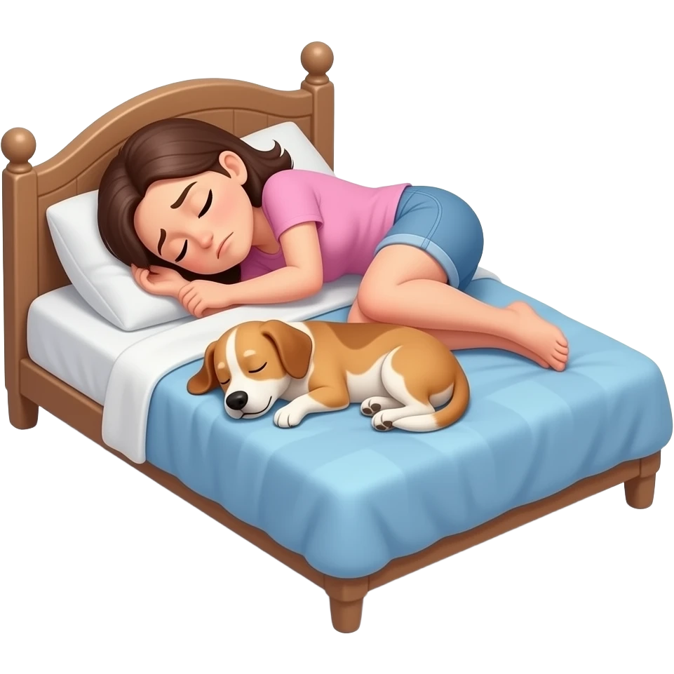 Una mujer torcida y completamente incómoda en una esquina de la cama, casi sin espacio para ella, porque un perro mediano está profundamente dormido en el centro ocupando toda la cama. emoji