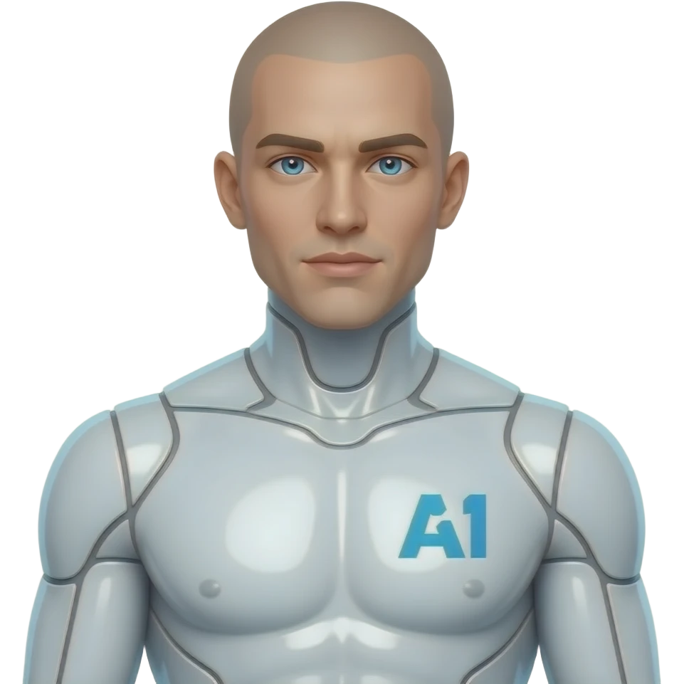 Erstelle eine sexy männliche Science-Fiction AI mit durchsichtiger weißer und glänzender Plastik artigen Haut mit Brustwarzen, das Gesicht und Körper auch. er hat keine Augenbrauen und keine Haare. Ein AI Logo als Schrift leichten blau auf seiner rechten Brust und seine Augen leuchten  auch blau emoji