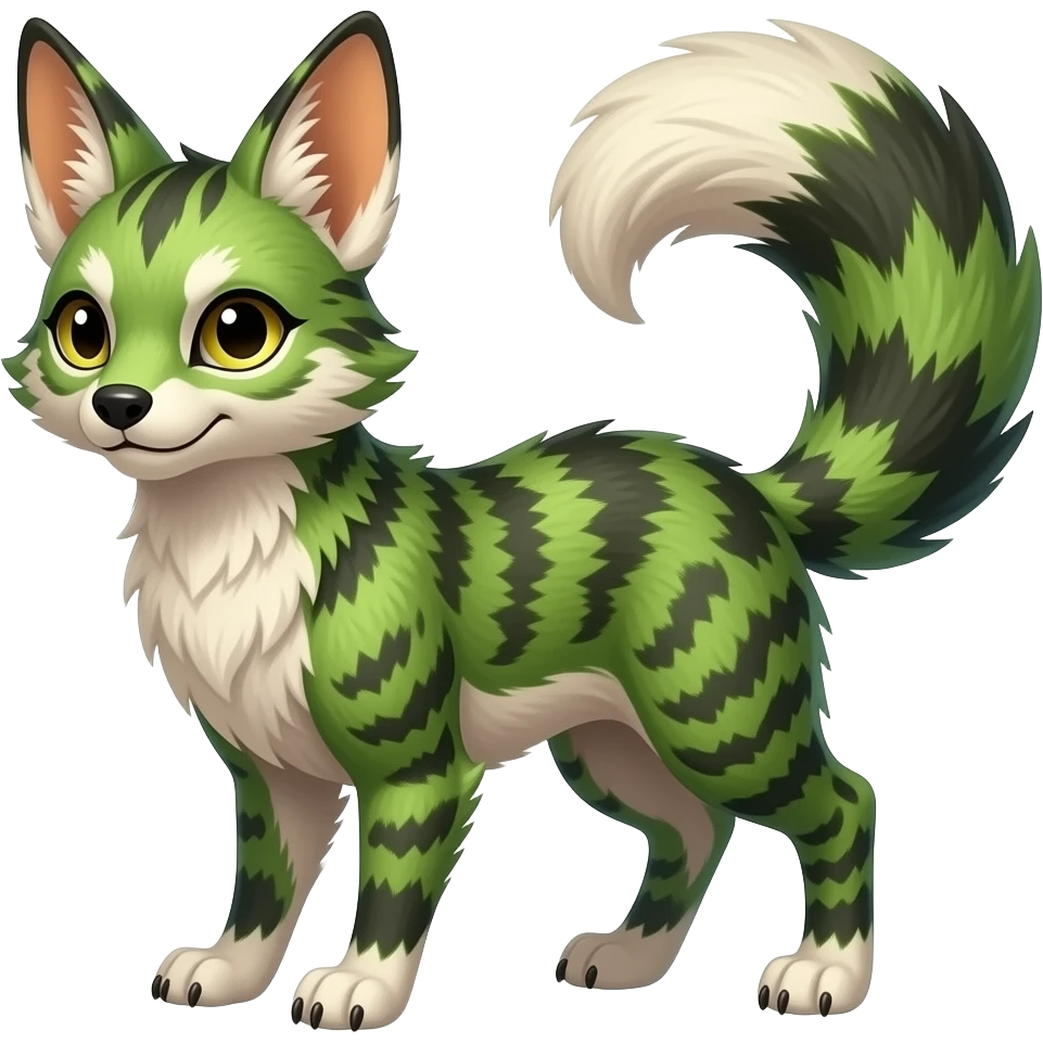 Feral Rare Fantasy vibrant tropical Vernid-Trico-species by LiLaiRa, random markings, tufted tail, tufted ears, full body emoji