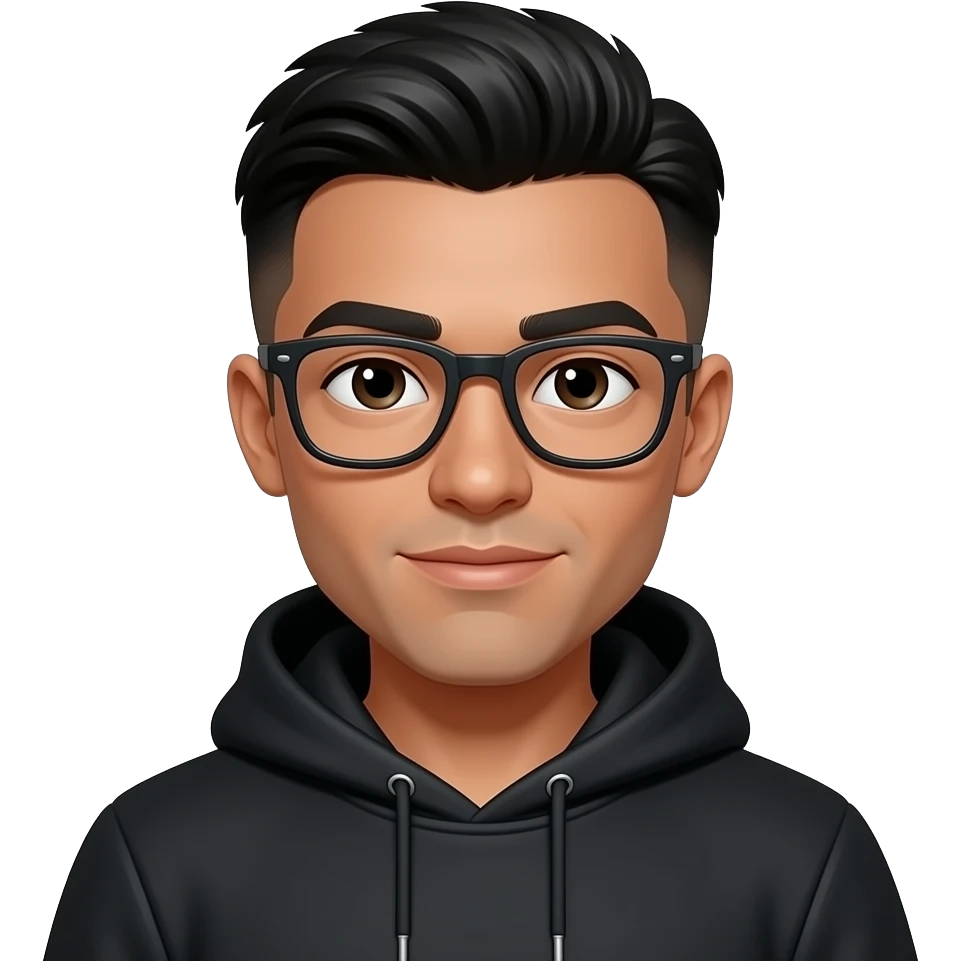 20 year old, tan skin guy, black hair, middle part wolfcut hair, black frame glasses, black hoodie emoji