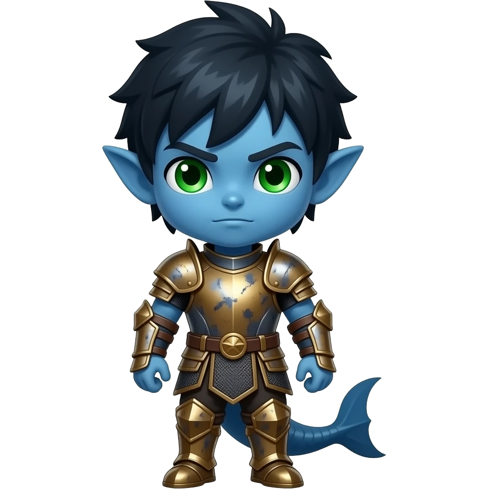 A malevolent full-body chibi boy with deep ocean-blue skin, sharp dark fins, glowing green eyes, and weathered brass armor plating emoji