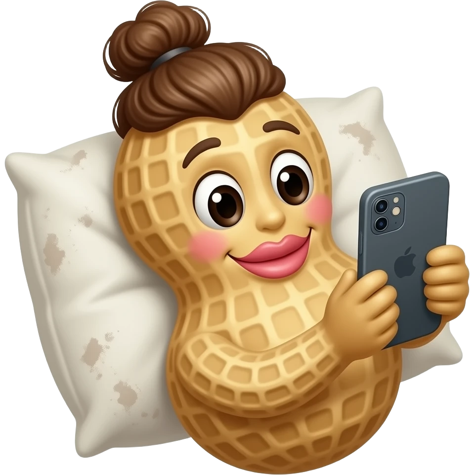 An anthropomorphic peanut with  messy bun and a cute smile and plump lips, laying on a dirty pillow looking at her phone emoji