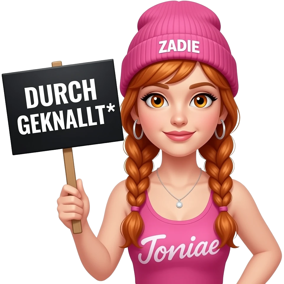sexy girl with overlong ginger braids and ginger eyes wearing a pink tanktop and a pink beanie with ZADIE written on it, is holding a black sign with DURCH GEKNALLT* written on it emoji