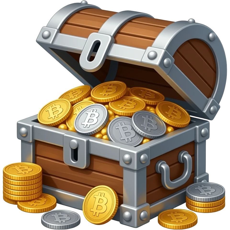 A  realistic Treasure chest full of Gold, Silver, Bronze, and Dark Gray Titanium Bitcoins.  No coins outside. All coins inside. emoji
