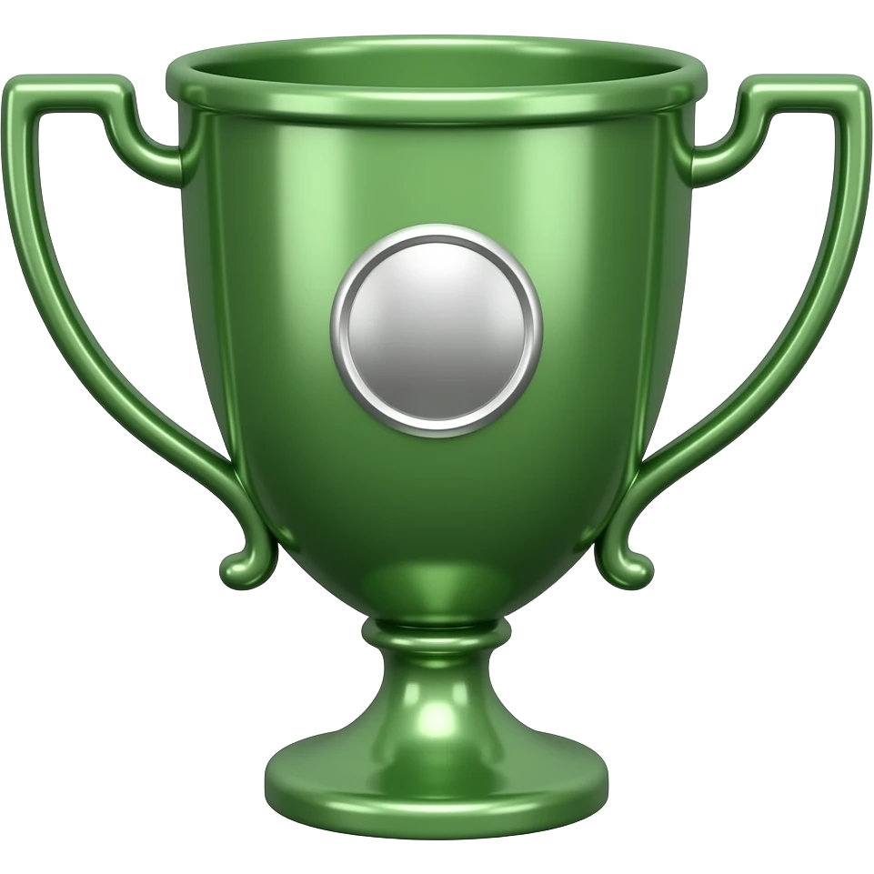 elegant green trophy cup, classic metal trophy shape, realistic proportions, green metallic finish, defined edges, subtle reflections, silver circle emblem in center, thin rim, graceful silhouette, curved handles, soft highlights, clean vector style, minimalistic emoji