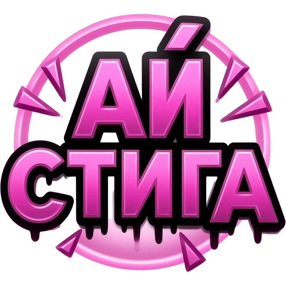 twitch emote text only, aggressive rage text “АЙ СТИгА”, distorted letters, chaotic gamer energy, thick black outline, pink neon glow, transparent background, meme aesthetic, BTTV style, ultra readable emoji