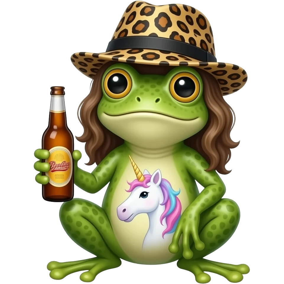 hacme una rana boracha i que tenga la votella con un gorro con forma de leopardo con el pelo largo i pintado de unucorniocon botella de boracho emoji