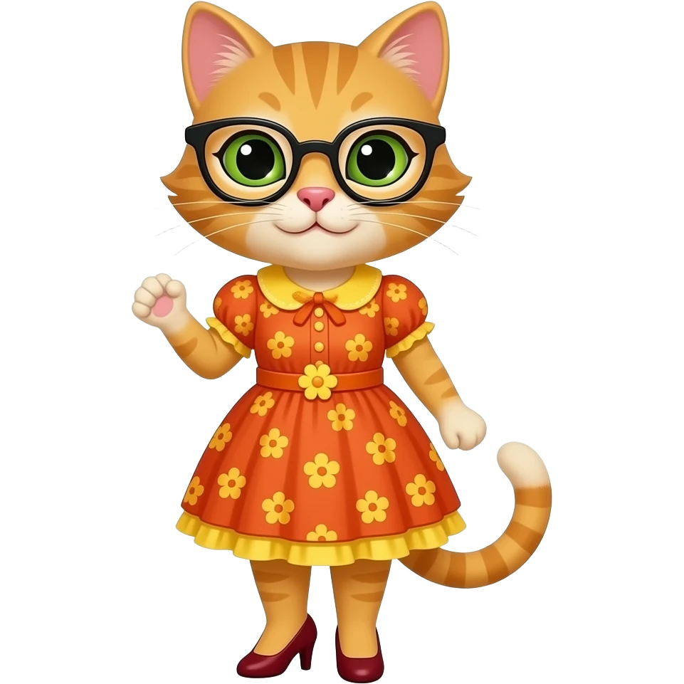 Mrs.Kat(Teacher(Orange-Yellow Mother Cat Of Kat(With Orange Short Dress With Yellow Flowers Without Plants Without Sleeves With Tiny Orange Belt With Yellow Flowers Without Plants, Dark Red High Heels Shoes, Black Eyeglasses And Visible Yellow Bloomers Under Dress))). emoji