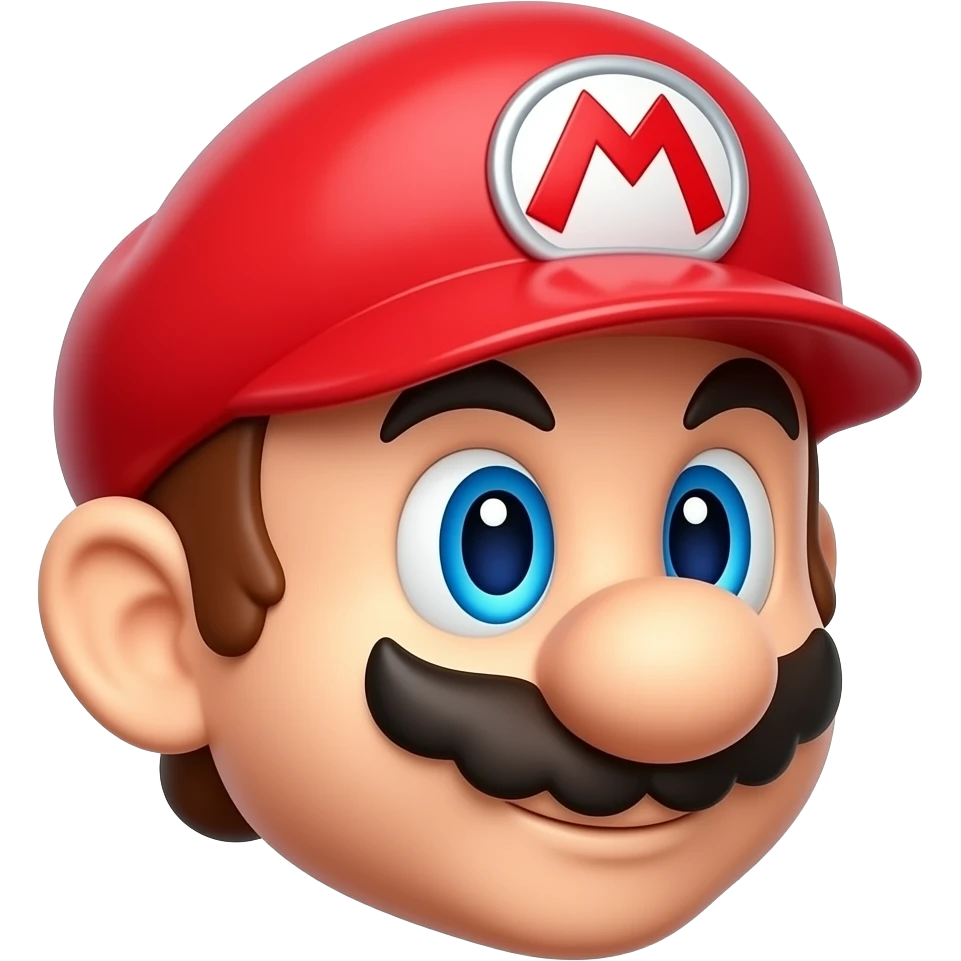 same exact cute 3D plumber emoji character, 3/4 right angle, glossy red cap, blue eyes, cartoon mustache, pixar style, smooth 3D emoji render, only camera angle changes, same character identity, same proportions, same colors emoji