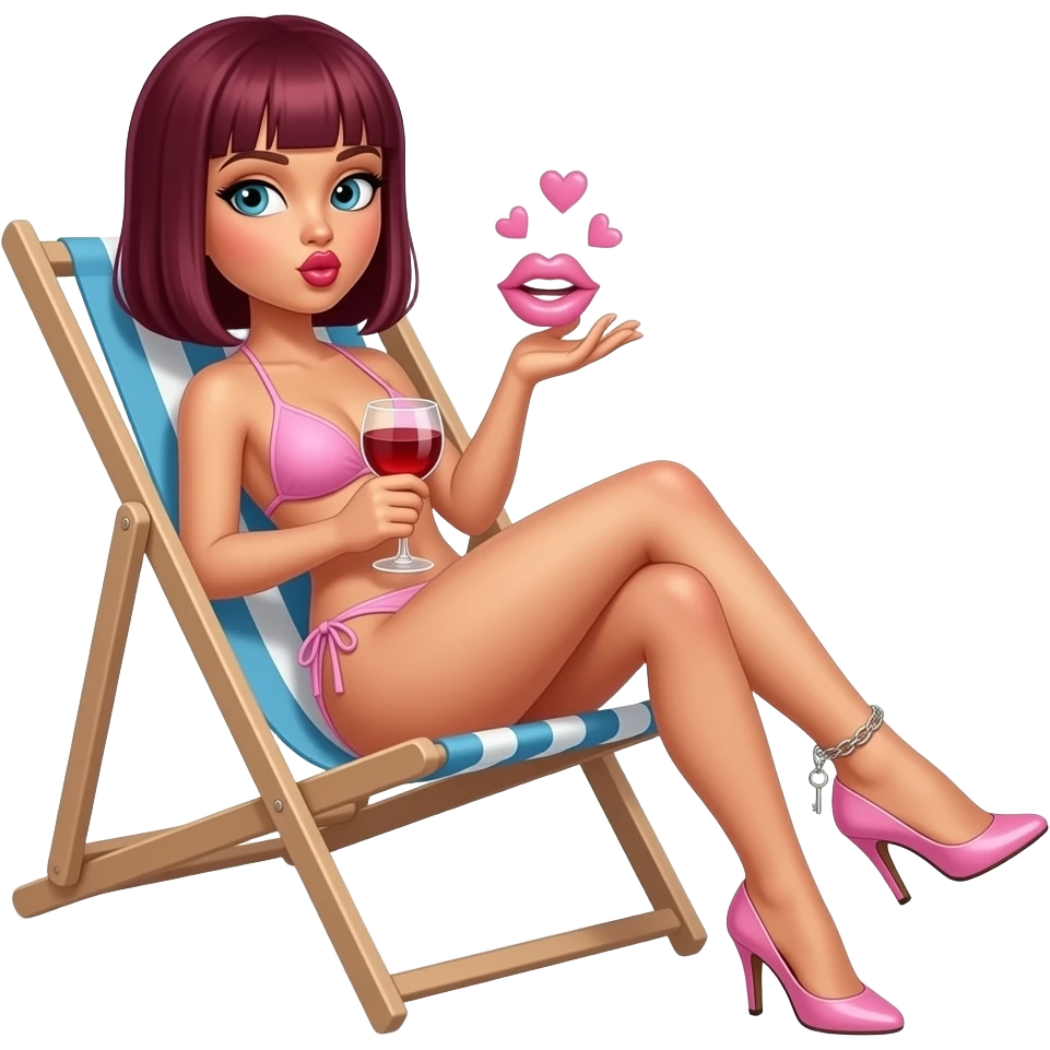 woman. burgundy, straight shoulder-length hair, sunbathing on deck chair. baby pink bikini. high stiletto heels. Ankle chain with small key dangling from it. glass of red wine in one hand. blowing kiss with other hand with pink hearts and lips emoji