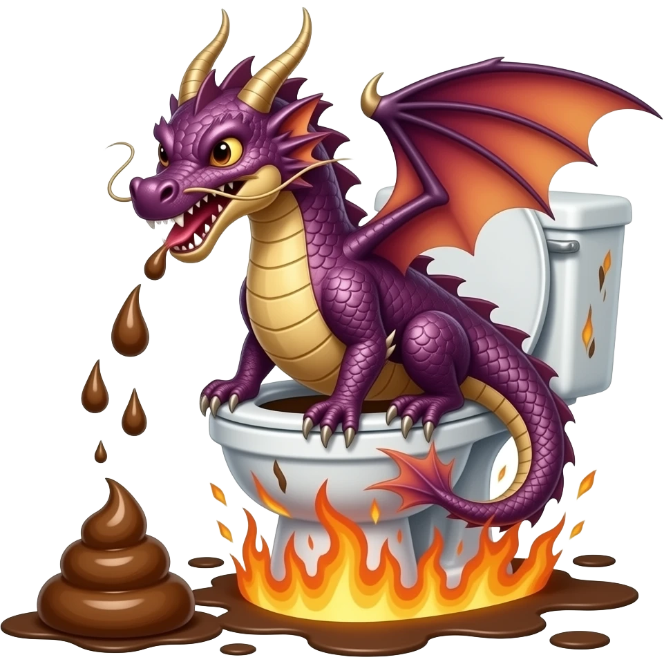 a dragon sitting on a fiery toilet with poop exploding everywhere emoji