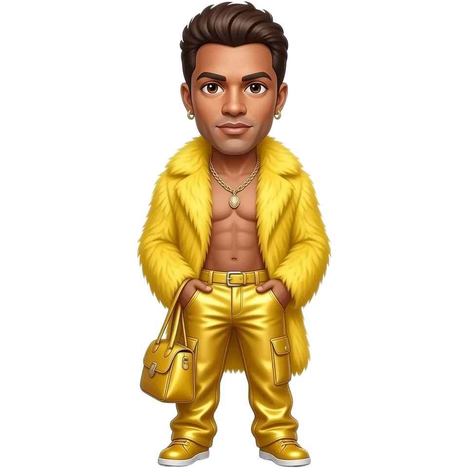 George Michael from Bone Thugs-N-Harmony with hazel eyes, brown hair, canary yellow fur shawl, canary yellow metallic baggy pants, shirtless with necklace and earrings emoji
