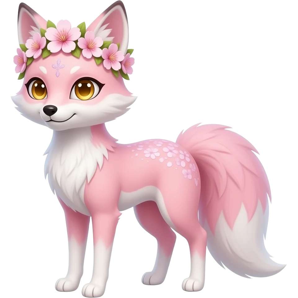 Elegant, flower-crowned pretty beautiful Sakura petite tall thin realistic lanky aesthetic golden-eyed sparkling glittering pastel pink and white oriental Kitsune-fox, tall furry legs, long thin tail, long thin tufted ears swept backwards emoji