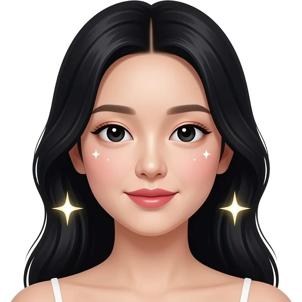 피부 좋은 한국 검정머리 검정눈의 여자 얼굴 옆에 반짝거리는 별들이 좌우에 있다 emoji