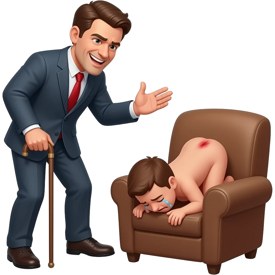 A cruelly smiling clothed man with a thin cane savagely beating the bottom of a small, crying, naked man bending over the back of a brown armchair, his head down on the seat of the chair, buttocks up high over the back of the chair and his red buttocks very bruised, and emoji