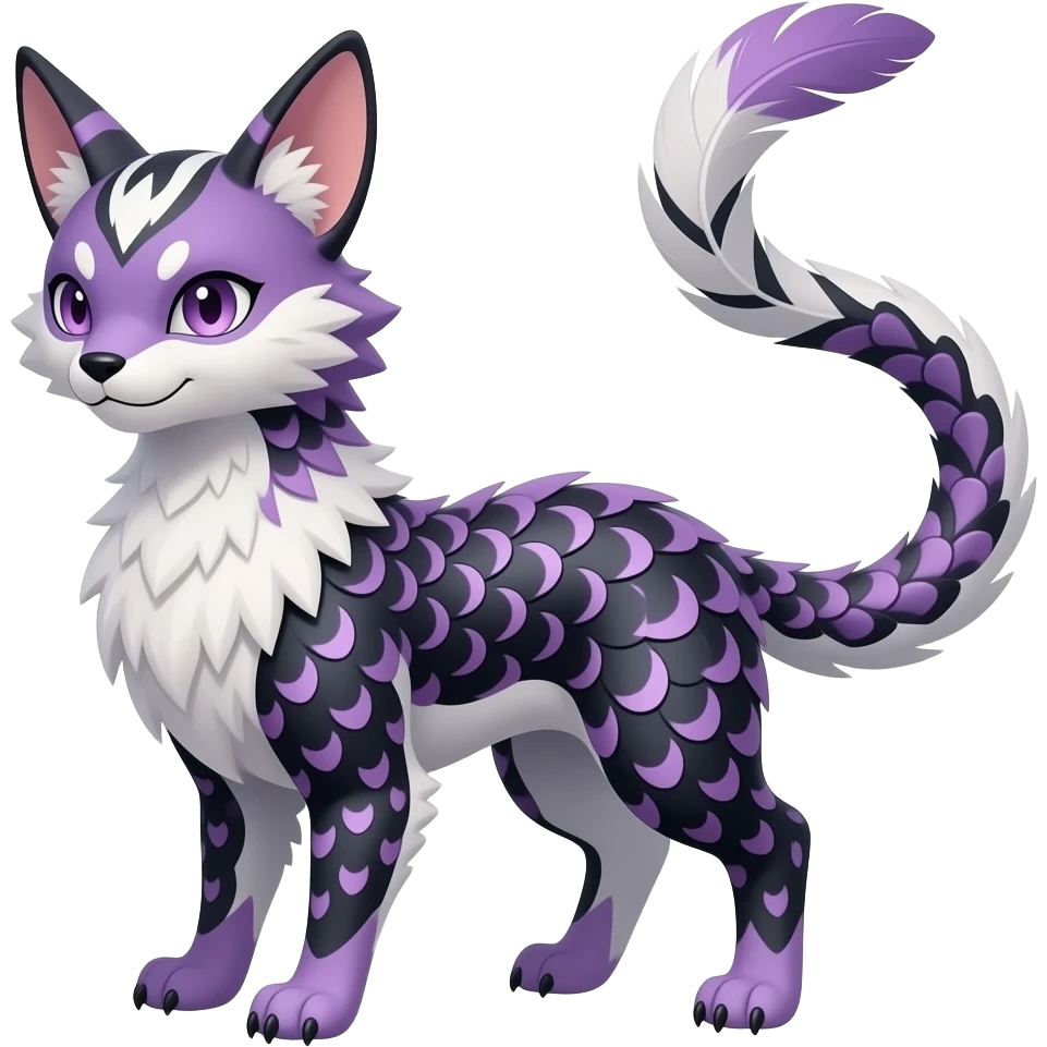 Grunge-patterned speckle-patterned feathery elegant realistic Furry, feathery fluffy tropical flecked painted feathery scaly, Purple, white, black, Minccino-Bambino-Lykoi-Linoone-Zangoose-fusion-hybrid-animal-Fakémon-creature, full body, thin long sleek scaly tail, intricate markings emoji