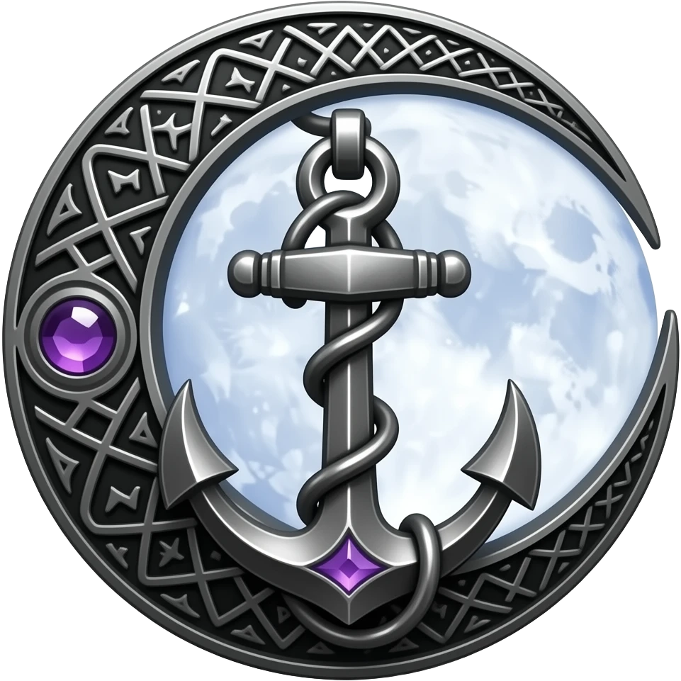 „blackened crescent‑moon and anchor pendant fused together, intricate runic engravings, small purple crystals emitting mist, moonlight reflecting on metal, ethereal atmosphere, high detail, no characters“ emoji