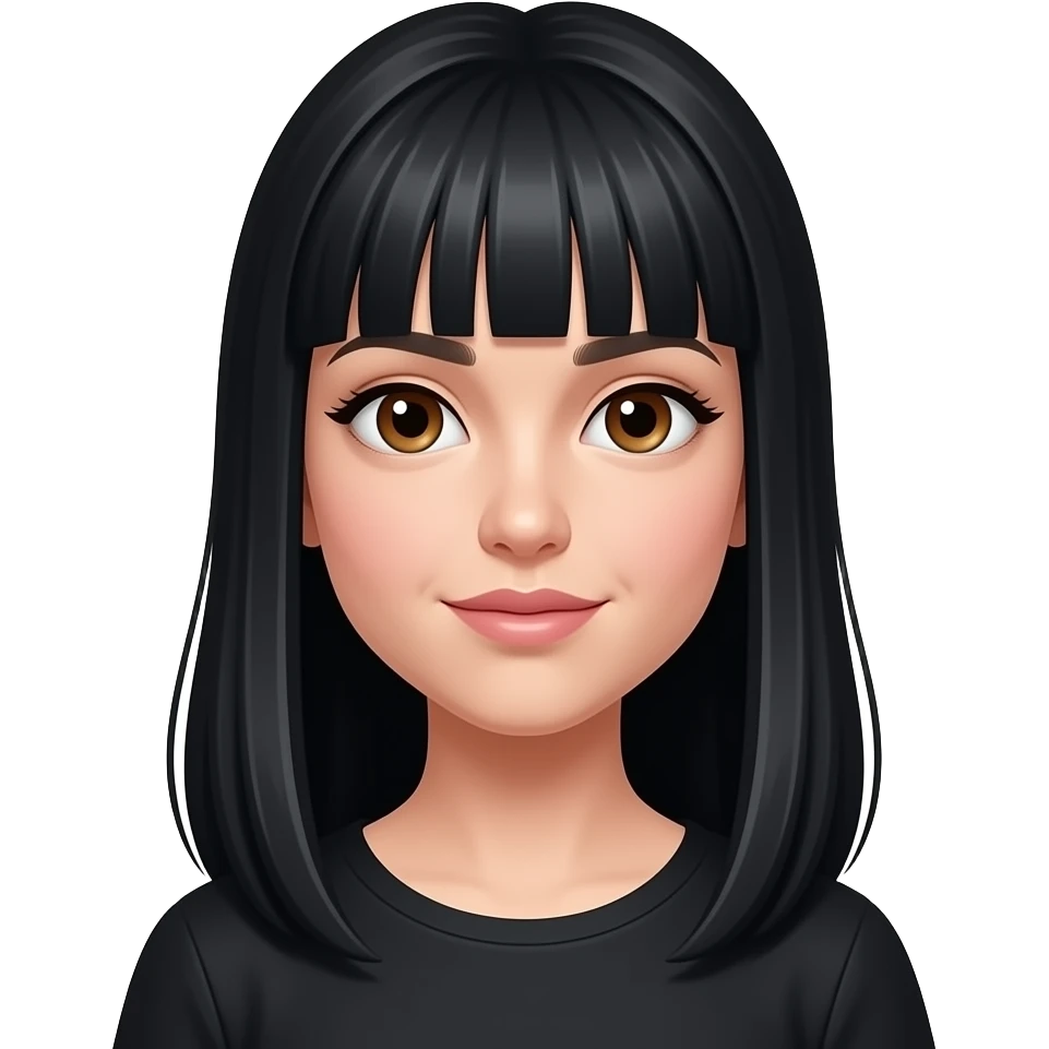 Chica pelinegra con cabello largo y negro y flequillo lacio partido a la mitad y que sea blanca y con ojos marrones y con top negro emoji