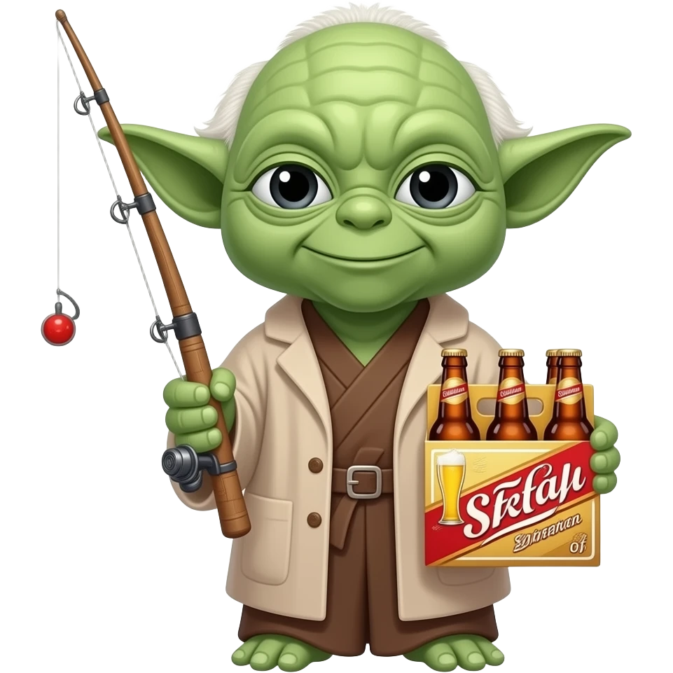 Yoda with fishing pole in right hand and six pack of beer in left hand emoji