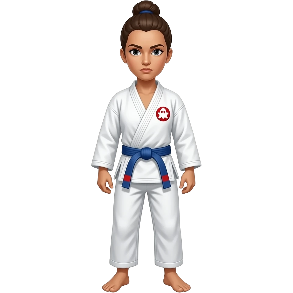 female jiujitsu athlete all white robe a red ghost symbol over the heart with blue belt, serious face, hair in a bun. Plus sided, full body emoji