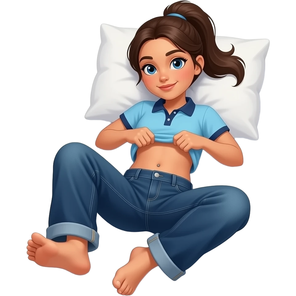 Hispanic girl with brown ponytail and blue eyes light blue and dark blue polo and dark blue baggy jeans and belly button laying down on her pillow on her bed showing her feet lifting her shirt all the way up stomach growing emoji