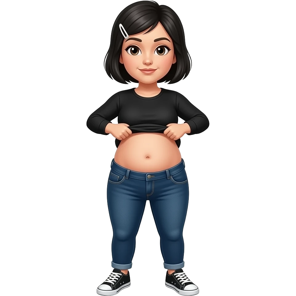 White woman with black short hair, white hair clip on the left of her hair, plain black long sleeve shirt, dark blue jeans, white and black sneakers, and a chubby body lifting her shirt to show her chubby belly emoji