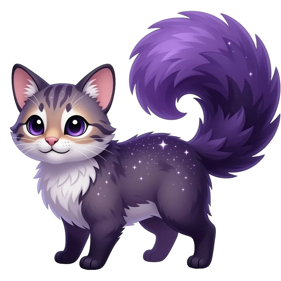 Hyper realistic midnight-violet velvet fur soaked in starlight glitter and shadow gradients beautiful elegant pretty precious cute Fakémon-Pokémon-opossum-feline-serval-caracal-chinchilla-Furret-Minccino-hybrid-creature with a big fluffy bushy tail (full body) emoji