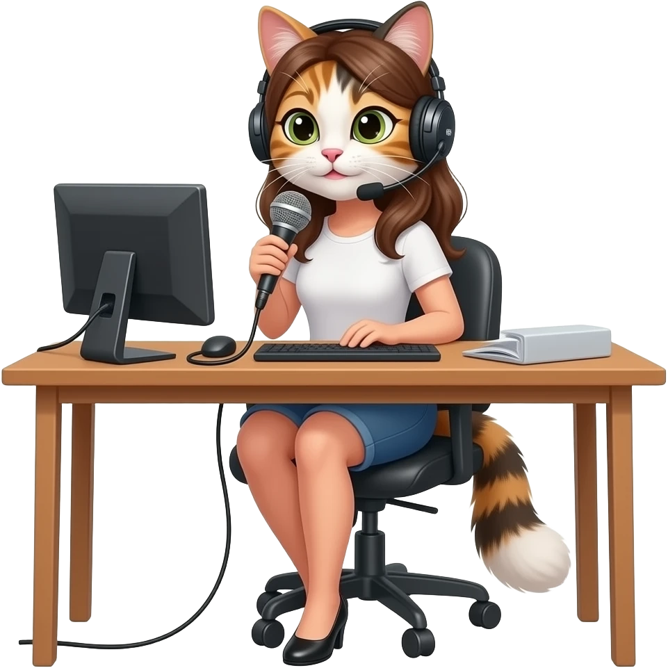 sincere long-fur calico cat podcaster at desk female emoji